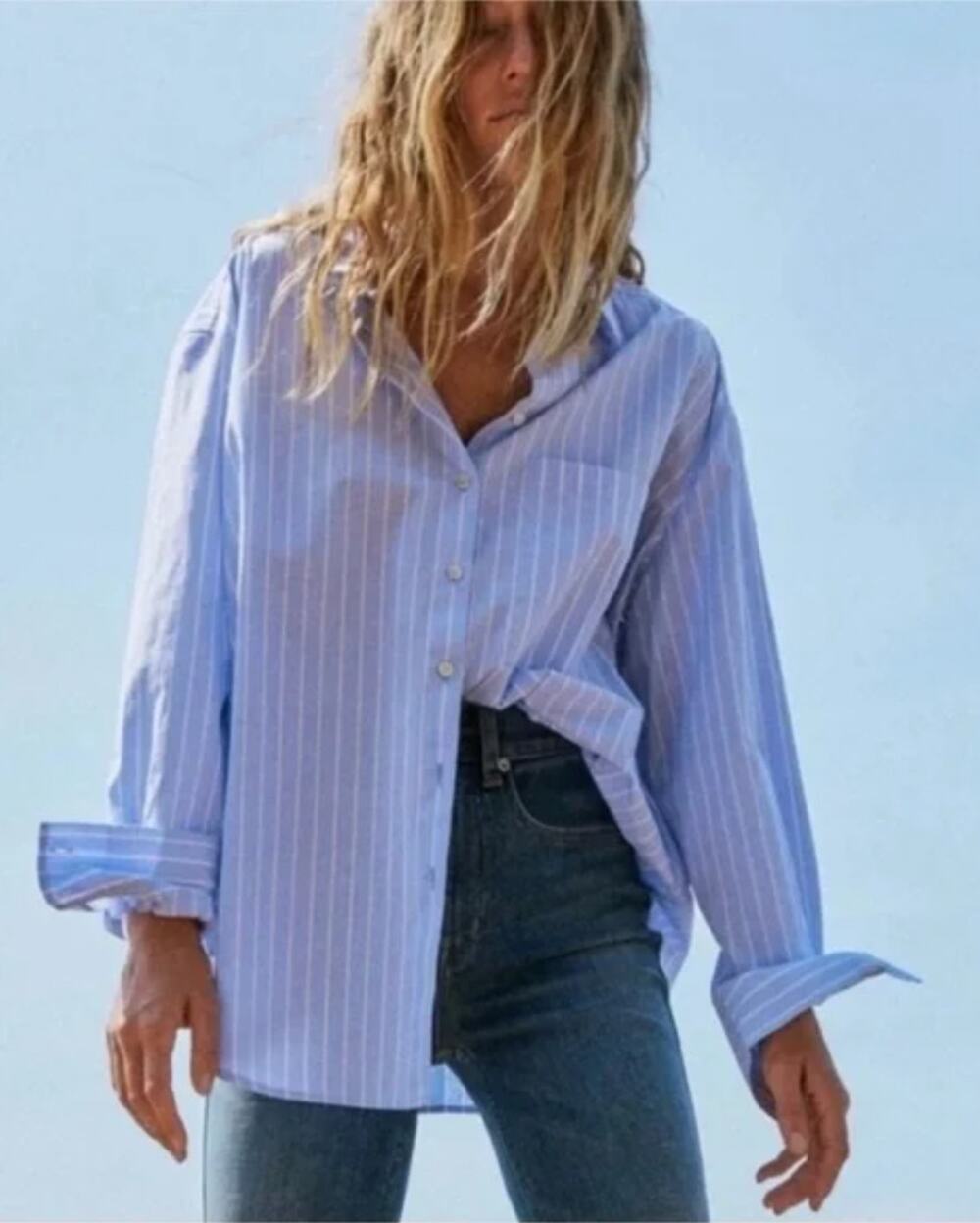 AYR L 100% cotton deep end blue pinstriped button down - Picture 1 of 7